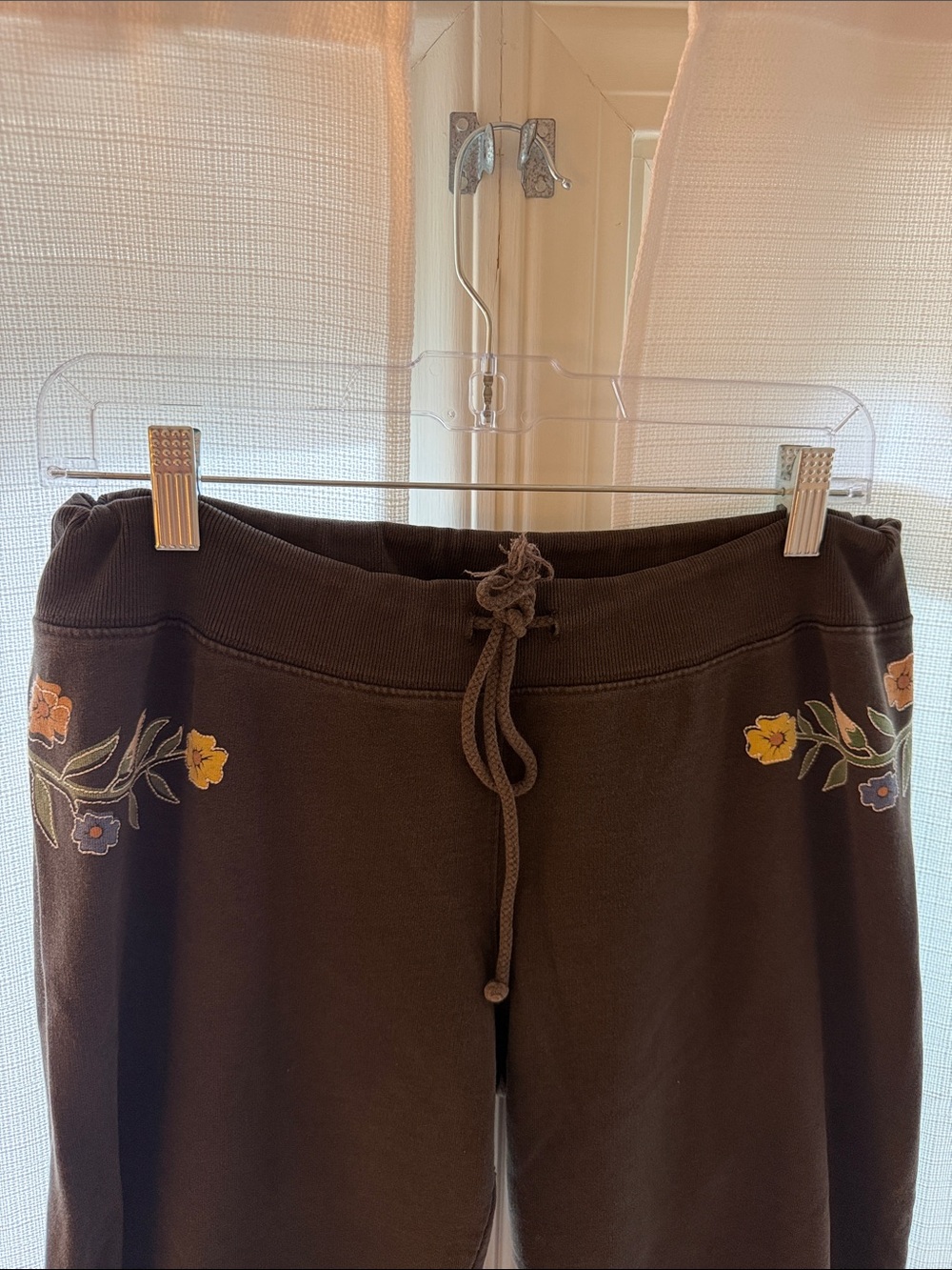 Lucky Brand Black Cropped Sweatpants with Yellow Floral Embroidery